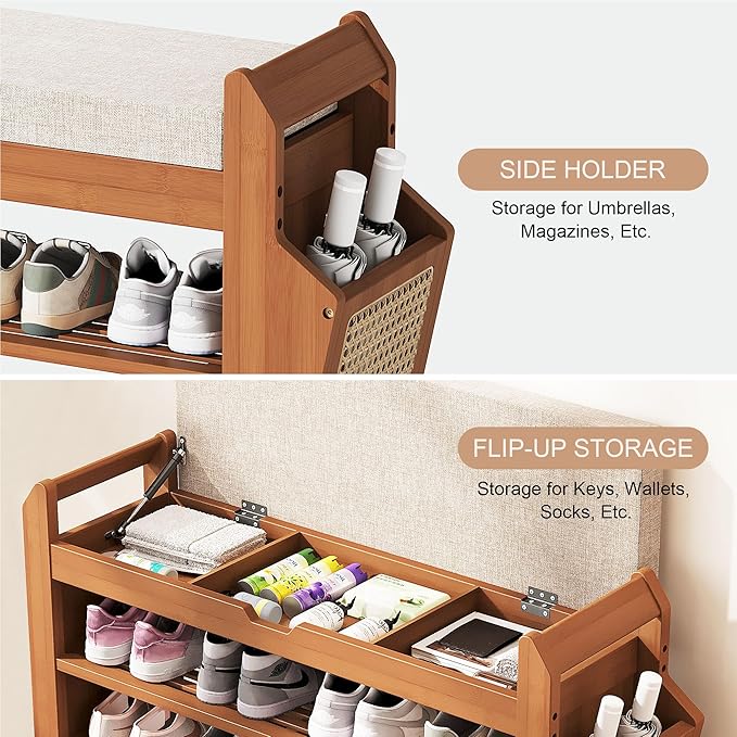 PETKABOO 31.5" Bamboo Shoe Rack Bench with Storage, 3-Tier Entryway Bench with Thick Cushion, Flip-Top & Side Baskets, Holds Up to 550 LBS for Hallway, Living Room, Bedroom