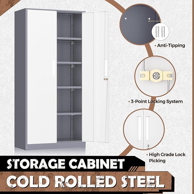 INTERGREAT Storage Cabinets with Doors and Shelves, 72“ Steel Tool Locking Cabinet, Metal Storage Cabinet for Home Office, Warehouse, School, Grey White