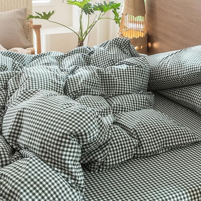 MooMee Gingham Duvet Cover Set 100% Washed Cotton Linen Like Textured Breathable Durable Soft Comfy Modern Checkered Design (Mini Gingham Forest Green, King 104"x90")