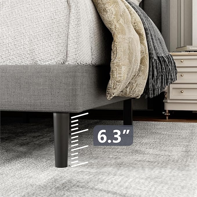 Gruwans Queen Size Bed Frame with Upholstered Wingback Headboard, Easy Assemnly Platform Bed, Wooden Slat Support No Box Spring Needed, Light Gray