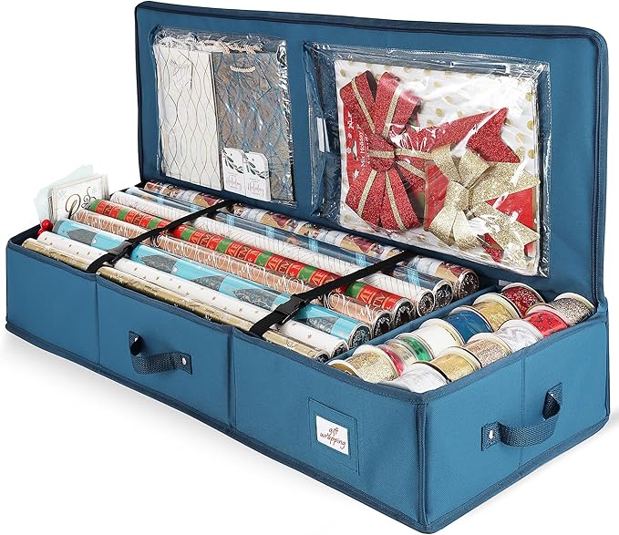 Hearth & Harbor Wrapping Paper Storage Container - Christmas Storage Bag with Interior Pockets - Gift Wrapping Organizer Storage Fits Up to 22 Rolls of 40" - Tear Proof Wrapping Paper Organizer