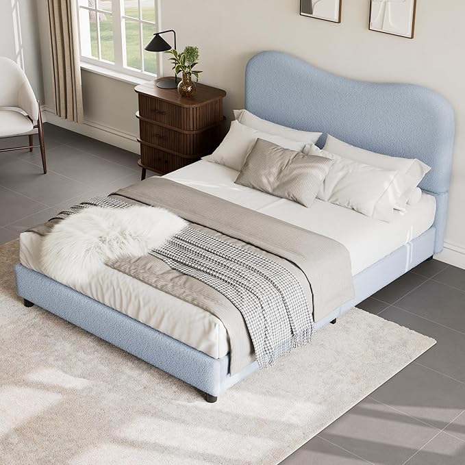 GarveeHome Boucle Queen Bed Frame with Upholstered Headboard, Soft Low Profile Sturdy Platform Bed with Rounded Corners Design, Heavy Duty, Wooden Slats, Noise Free, No Box Spring Needed, Blue