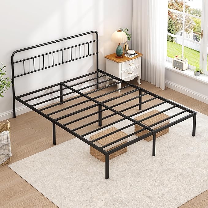 Full Bed Frame with Classic Headboard,Strong Metal Slats Support,Under Bed Storage Space,No Box Spring Needed,Easy to Assemble,Black