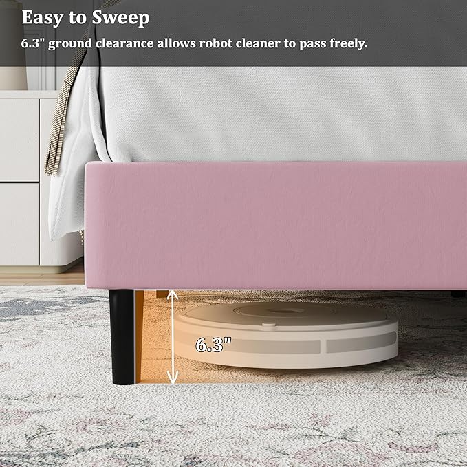 Queen Bed Frame, Padded Platform Bed Frame with Velvet Headboard, Vertical Quilted Design, Sturdy Slatted Mattress Base, No Spring Mattress Required, Easy to Assemble, Pink
