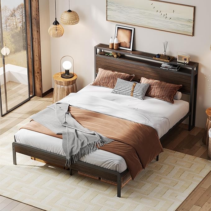 LIKIMIO Queen Bed Frame with Headboard, Dark Wood Camas Queen with Strong Supports, Sturdy, Noise-Free, No Box Spring Needed, Dark Brown