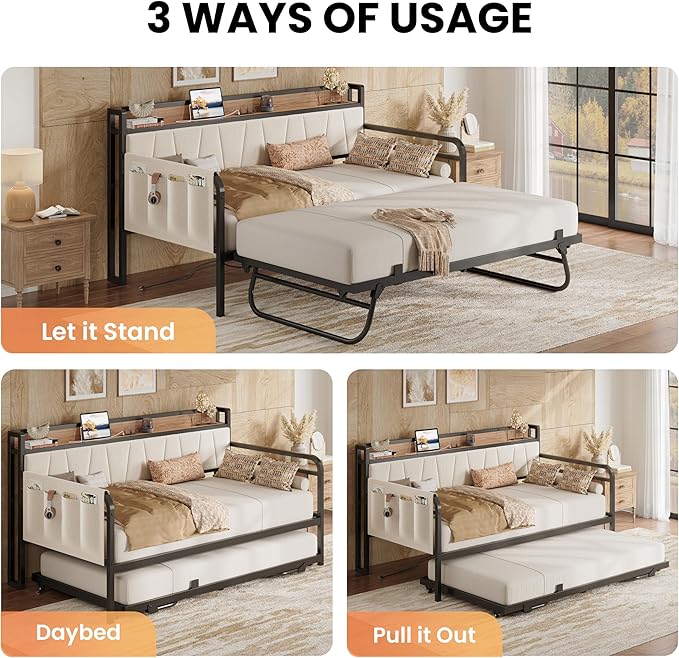 LIKIMIO Twin XL Daybed, Day Bed with Trundle, Storage Upholstered Headboard and Charging Station, Trundle Bed with Strong Supports for Living Room, Bedroom, and Guest Room, Beige