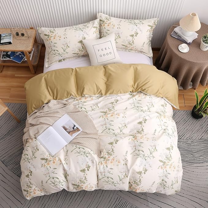 OAITE Duvet Cover Set King Size Floral Pattern 600 Thread Count Ultra Soft 100% Long Staple Cotton Duvet Cover Sets 3-PC, Breathable Duvet Cover with Zipper Closure & Corner Ties