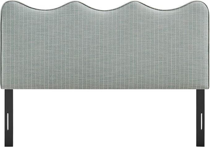 Monday Athena Striped Fabric Upholstered Queen Size Adjustable Headboard in Spa Blue Stripe - with Scalloped Wave Design and Soft Linen-Like Fabric