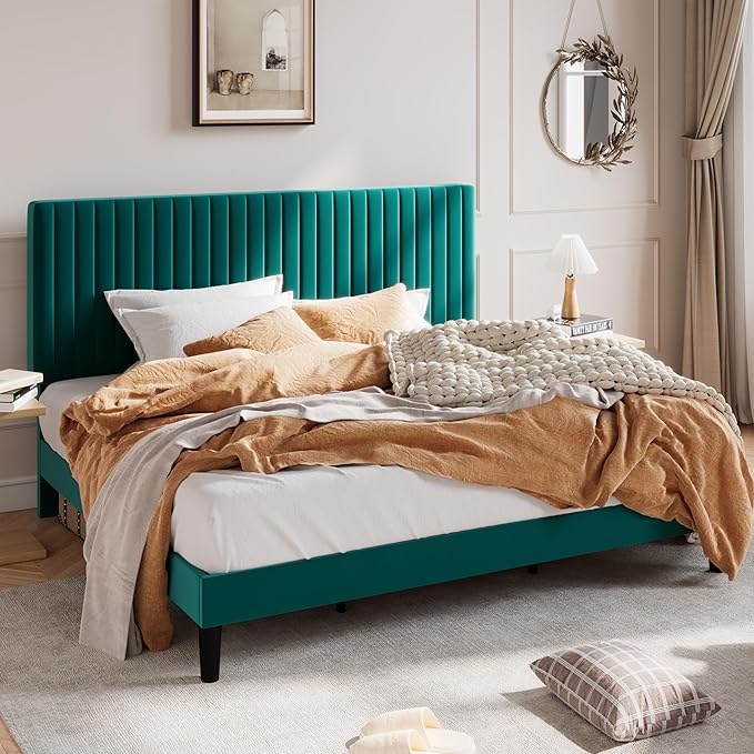 SHA CERLIN King Upholstered Platform Bed Frame with Vertical Channel Tufted Velvet Fabric Adjustable Headboard, Wooden Slats Support, Mattress Foundation, Box Spring Optional, Teal