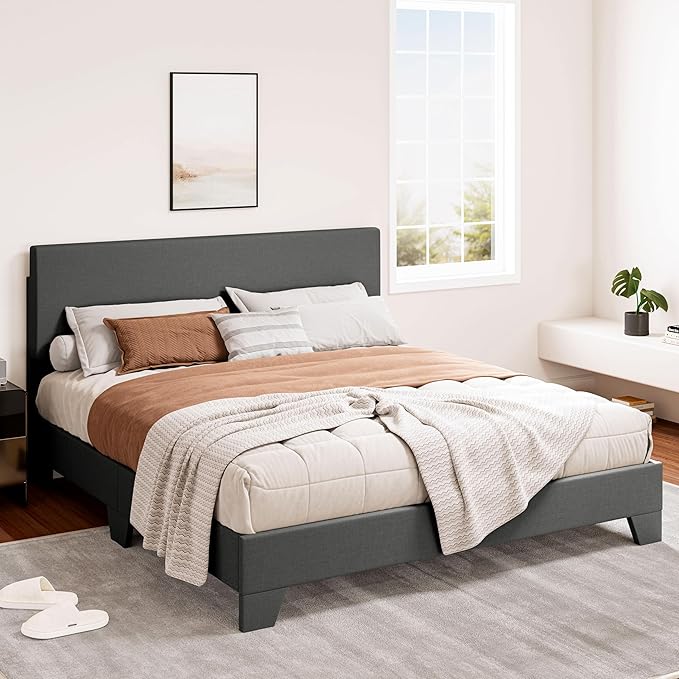 SHA CERLIN Full Size Platform Bed Frame with Clean Line Fabric & Adjustable Headboard, Wood Slats Support, No Box Spring Needed, Easy Assembly, Dark Grey