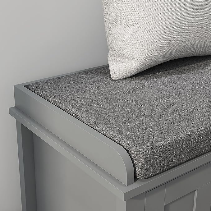 HOMCOM Entryway Shoe Bench Storage Ottoman with Sliding Doors, Adjustable Shelving, 6 Compartments, and Padded Seat, Holds 10 Pairs, Gray