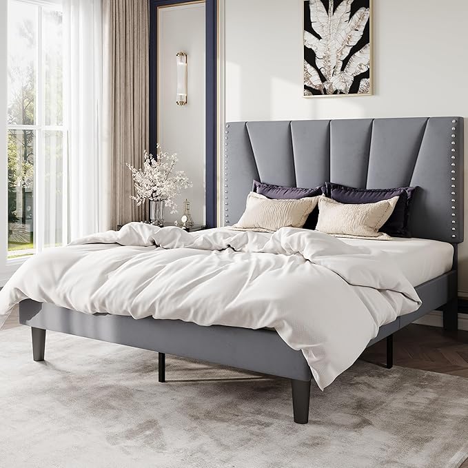 SHA CERLIN Queen Size Bed Frame with Adjustable Upholstered Velvet Rivets Headboard, Sturdy Wooden Slats, Strong Platform Support for Mattress, No Box Spring Needed, Easy Assembly, Grey