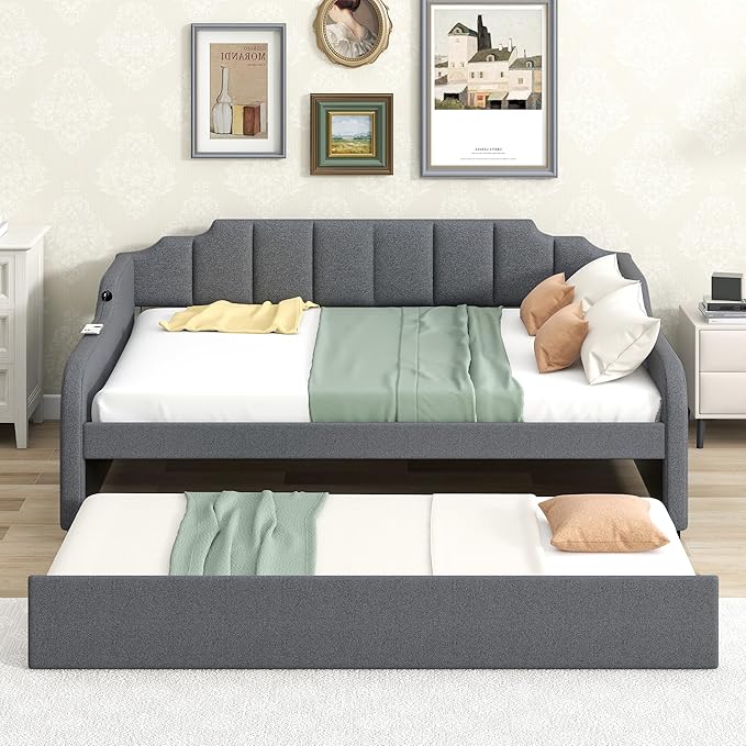 Daybed with Trundle and USB Charging Design, Full Size Upholstery Day Bed Frame, Trundle can be Flat or erected,Grey
