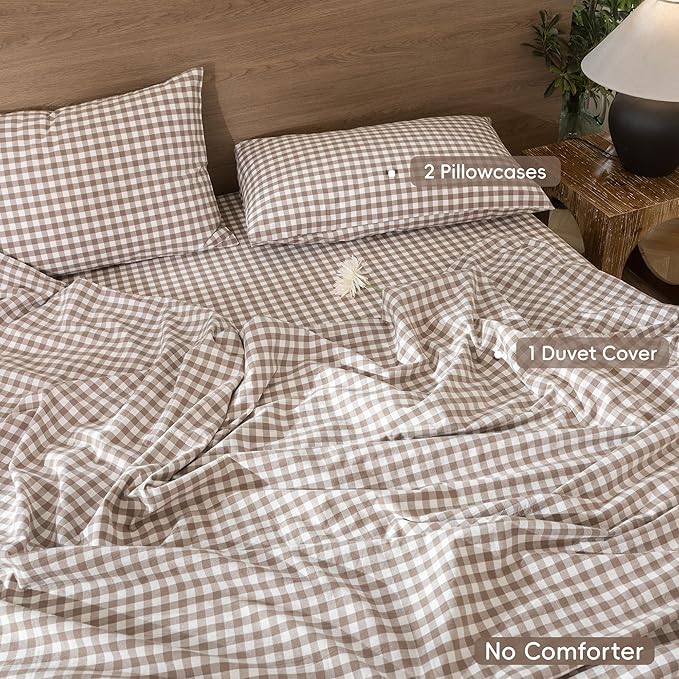 MooMee Gingham Duvet Cover Set 100% Washed Cotton Linen Like Textured Breathable Durable Soft Comfy Modern Checkered Design (Brown Gingham, Queen 90"x90")
