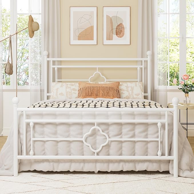 Allewie Queen Size Metal Platform Bed Frame with Victorian Vintage Headboard and Footboard/Mattress Foundation/Under Bed Storage/No Box Spring Needed/Noise-Free/Easy Assembly, White