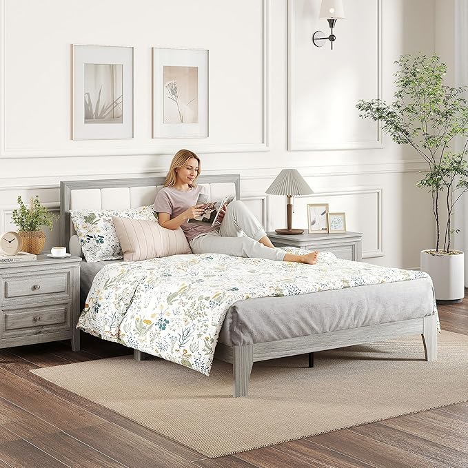 HOMCOM Full Size Bed Frame with Upholstered Headboard, Platform Bed Frame with Wooden Slats, No Box Spring Needed, Easy Assembly, Gray