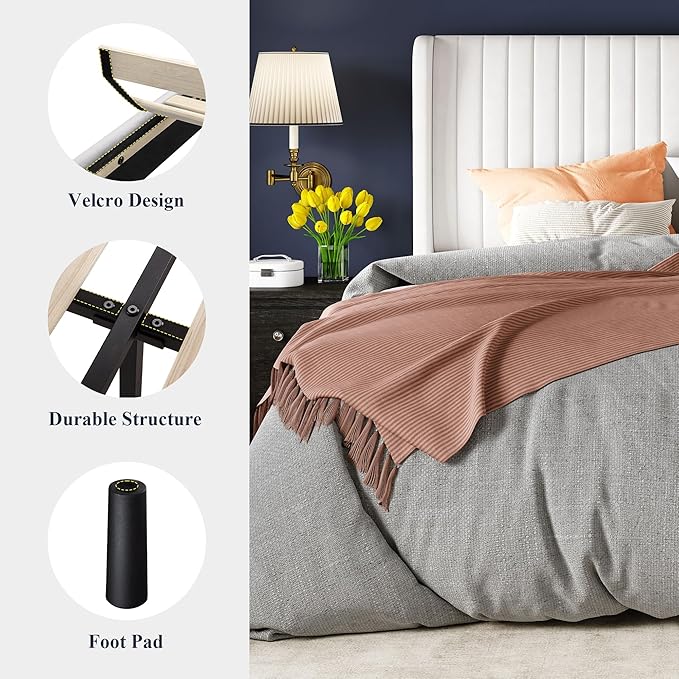 Allewie King Size Velvet Bed Frame/Vertical Channel Tufted Wingback Headboard/Upholstered Platform Bed/No Box Spring Needed/Strong Wooden Slats/Easy Assembly/White