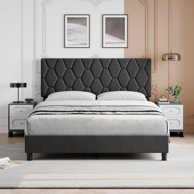 GarveeHome Queen Bed Frame with Upholstered Headboard, Heavy-Duty Platform Bed Frame with Strong Wood Slats, No Box Spring Needed/Noise Free/Easy Assembly, Gray