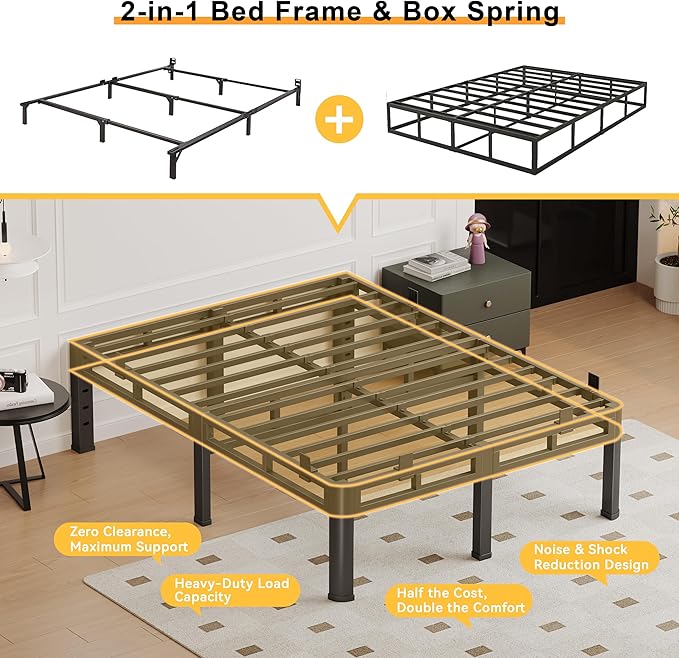 14 Inch Queen Bed Frame Heavy Duty, Metal Double Layer Steel 4000 lbs Capacity, Platform with Large Under Bed Storage Space, No Box Spring Needed, Noise-Free, Easy Assembly
