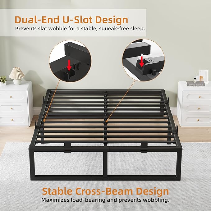 California King Bed Frames, 18 Inch Metal Platform Bed Frame with Squeak Free U-Slot Design, 6 Non-Slip Guards, 3500lbs Heavy Duty Steel Slat Support, No Box Spring Needed, Under Bed Storage