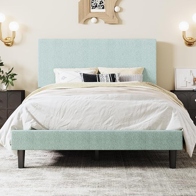 SHA CERLIN Full Size Platform Bed Frame with Adjustable Headboard and Wooden Slats Support, Boucle Upholstered Mattress Foundation, No Box Spring Needed, Easy Assembly, Ice Blue