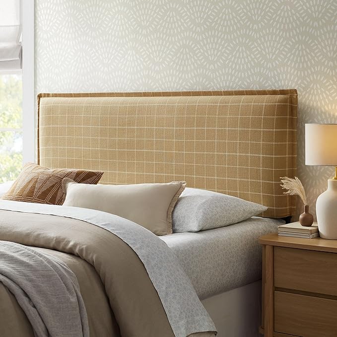 Modway Camille Queen Size Checkered Linen Blend Plaid Headboard with Removable Slipcover – in Hemp Windowpane Check - Padded Pillow Style Headboard with Adjustable Mounting for Queen Beds