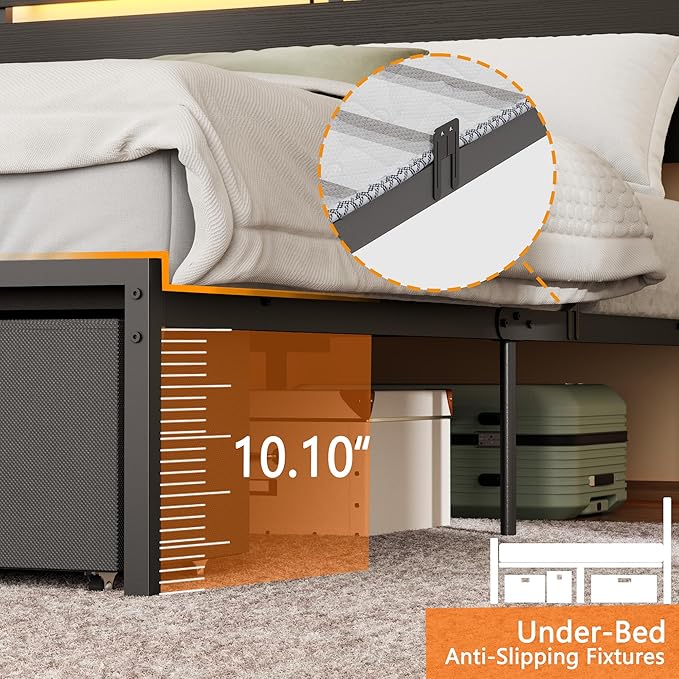 Forestell Queen Bed Frame with Wood Headboard, Black Platform Bed with 2 Storage Drawers & Shelf, Built-in Charging Station & LED Lights, Metal Support, No Box Spring Needed, Cama Queen Size