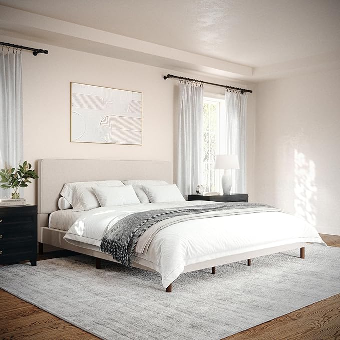 Martha Stewart Britta Platform Bed with Headboard & Footboard, Faux Linen Upholstery with Piping Detail, Rounded Headboard, No Box Spring Needed, King, Beige