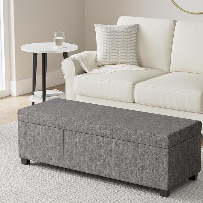 SIMPLIHOME Avalon Storage Ottoman Bench - 48" Wide x 16" High Upholstered Tweed Look Fabric Rectangular Lift-Top Ottoman in Dark Grey, Contemporary Storage Bench for Living Room with High-Density Foam