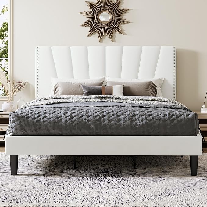 Allewie King Size Bed Frame with Adjustable Velvet Upholstered Headboard, Rivet-Style Nailhead Trim Detail Platform Bed Frame, Wooden Slat Support, No Box Spring Needed, Easy Assembly, White