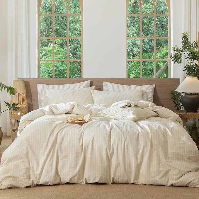 MooMee Striped Duvet Cover Set 100% Washed Cotton Linen Like Textured Breathable Durable Soft Comfy (Almond Milk Grey White Wide Stripes, Twin 68"x90")