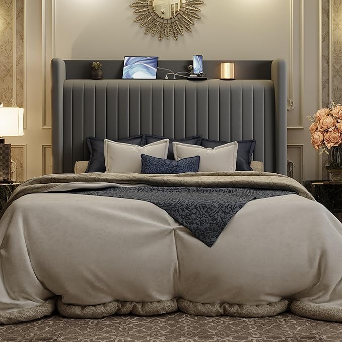 SHA CERLIN Queen Size Velvet Bed Frame with USB Charging Station, Wingback Storage Headboard, Upholstered Platform Bed with Wooden Slats Support, No Box Spring Needed, Easy Assembly, Grey