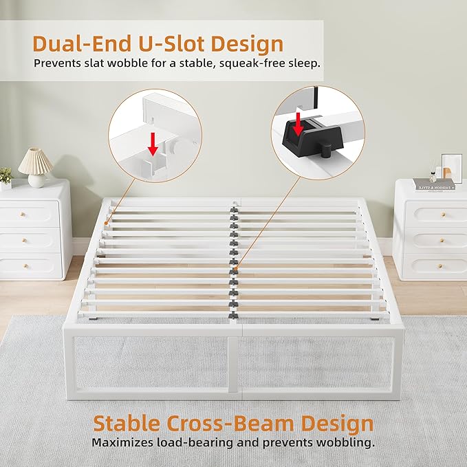 Queen Bed Frame, 14 Inch Metal Platform Bed Frames with Squeak Free U-Slot Design, 6 Non-Slip Guards, 3500lbs Heavy Duty Steel Slat Support, No Box Spring Needed, Under Bed Storage, White