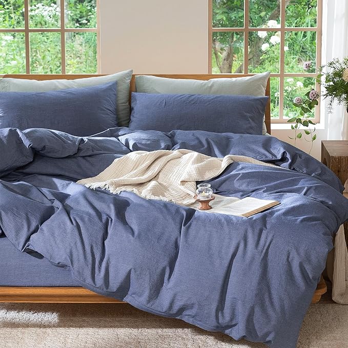 MooMee Bedding Duvet Cover Set 100% Washed Cotton Linen Like Textured Breathable Durable Soft Comfy (Heathered Blue, Super King 108"x98")