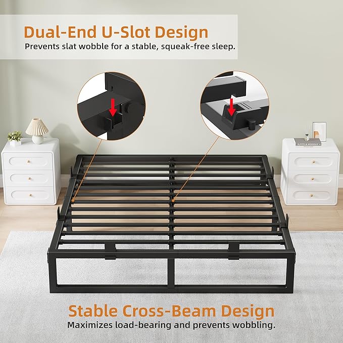 Full Size Bed Frame, 12 Inch Metal Platform Bed Frames with Squeak Free U-Slot Design, 6 Non-Slip Guards, 3500lbs Heavy Duty Steel Slat Support, No Box Spring Needed, Under Bed Storage, Black