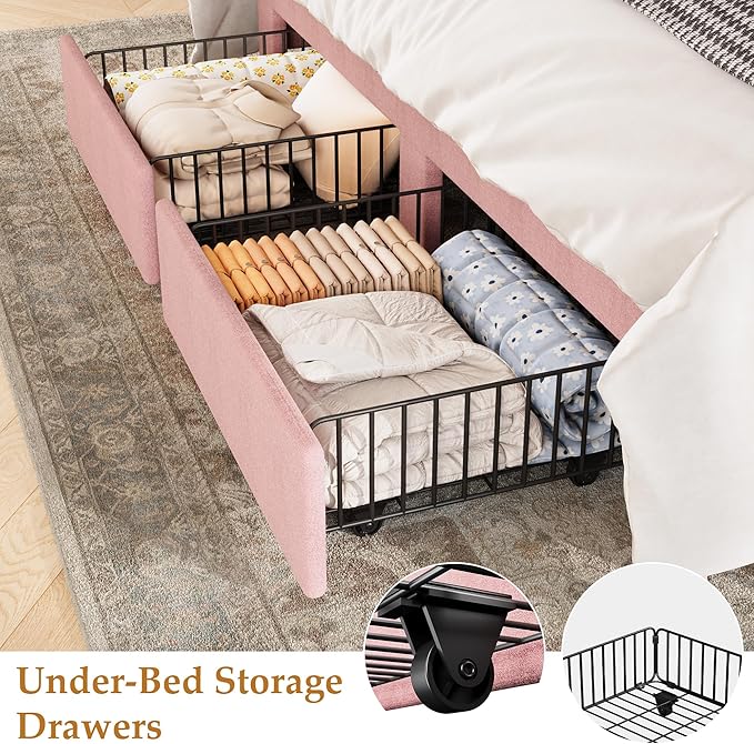 GarveeHome Full Size Bed Frame, Bed Frame Upholstered Platform Bed with Velvet Headboard, Wing Edge Design, 2 Storage Drawers, No Box Spring Needed, Pink