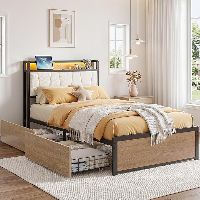 LIKIMIO Twin XL Bed Frame, DIY Storage Drawer Layout, Charging Station & LED Lights, Boucle Upholstered Platform XL Twin Bed Frame for Teen Rooms, Small Apartments & Bedrooms, Wood and Cream