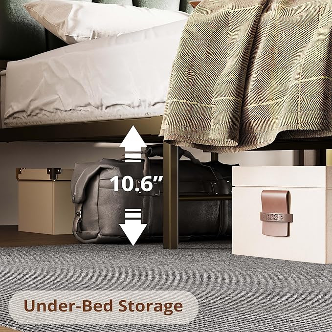 LIKIMIO Queen Bed Frame, Storage Headboard with Charging Station, Platform Bed with Drawers, No Box Spring Needed, Easy Assembly, Dark Green
