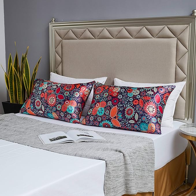 MR&HM Satin Pillowcase for Hair and Skin, Silk Satin Pillowcase 2 Pack, King Size Pillow Cases Set of 2, Silky Pillow Cover with Envelope Closure (20x40, Boho Floral)