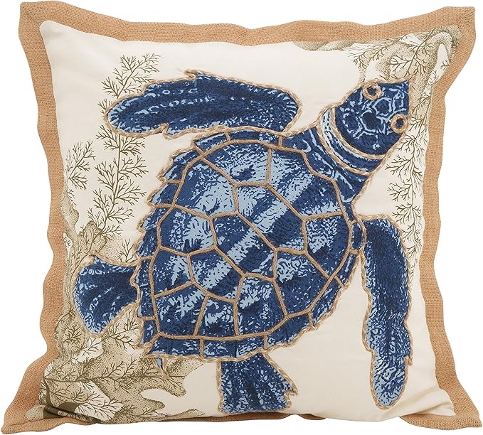 SARO LIFESTYLE Neptunian Coastal Throw Pillow – 20” x 20”, Woven Cotton Cover with Jute Trim, Zipper Closure, Down & Feather Insert – Sea Turtle, Navy Blue