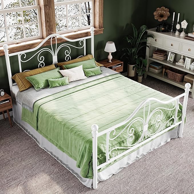 Allewie Full Size Bed Frame with Headboard,Metal Bed Frame with Butterfly Pattern Design Headboard & Footboard,No Box Spring Needed,Easy Assembly,White