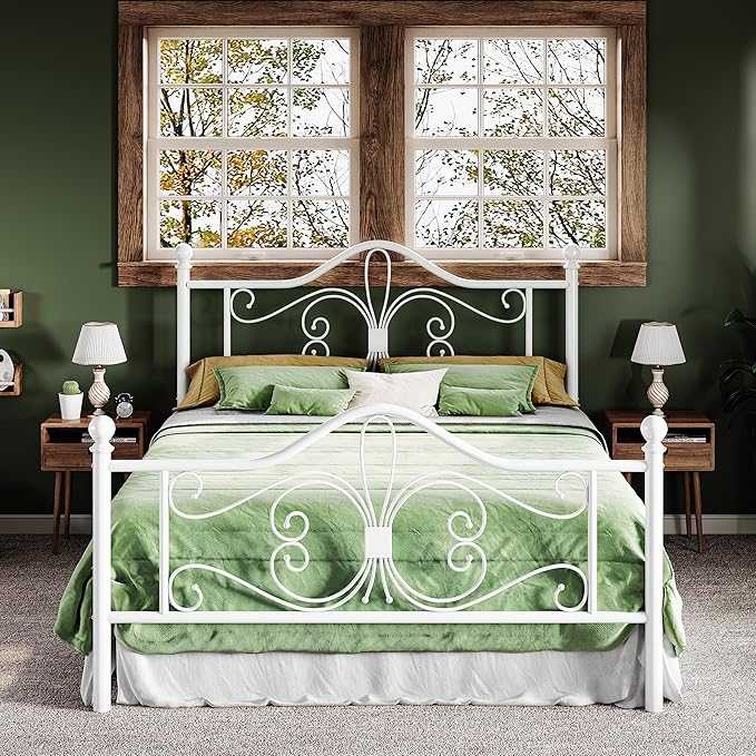 Allewie Queen Size Bed Frame with Headboard,Metal Bed Frame with Butterfly Pattern Design Headboard & Footboard,No Box Spring Needed,Easy Assembly,White
