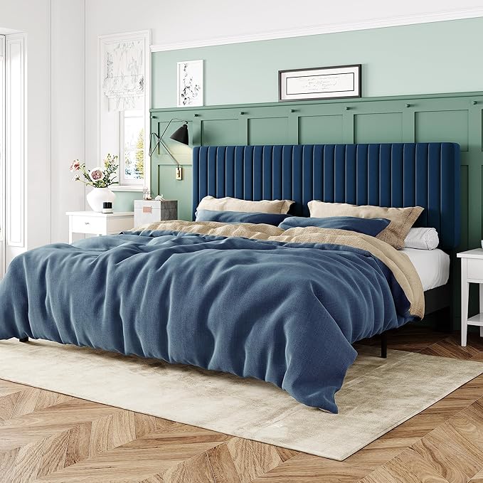 Allewie King Bed Frame, Velvet Upholstered Platform Bed with Adjustable Vertical Channel Tufted Headboard, Mattress Foundation with Strong Wooden Slats, Box Spring Optional, Easy Assembly, Navy Blue