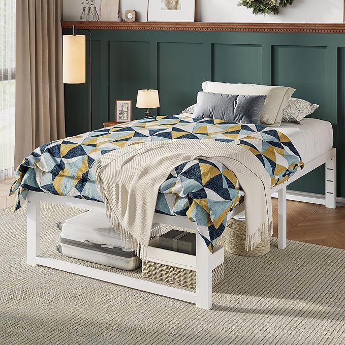 Allewie Twin Bed Frame, 14 Inch Metal Platform Bed Frame with 4000LBS Heavy Duty Steel Slats Support, Noise Free, Easy Assembly, No Box Spring Needed, White