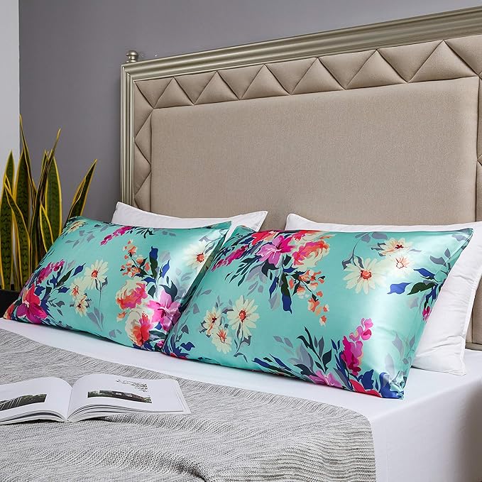 MR&HM Satin Pillowcase for Hair and Skin, Silk Satin Pillowcase 2 Pack, Queen Size Pillow Cases Set of 2, Silky Pillow Cover with Envelope Closure (20x30, Vintage Floral)