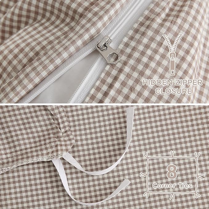 TOCOMOA Mini Gingham Tan Duvet Cover Bedding Set 100% Washed Cotton Like Linen Feel Super Soft Comfy 3 Piece Brown Small Plaid Checkered Fall Comforter Cover Set (Full 80"x90", Comforter Not Included)