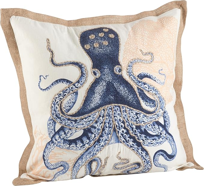 SARO LIFESTYLE Neptunian Coastal Throw Pillow – 20” x 20”, Woven Cotton Cover with Jute Trim, Zipper Closure, Down & Feather Insert – Octopus, Navy Blue