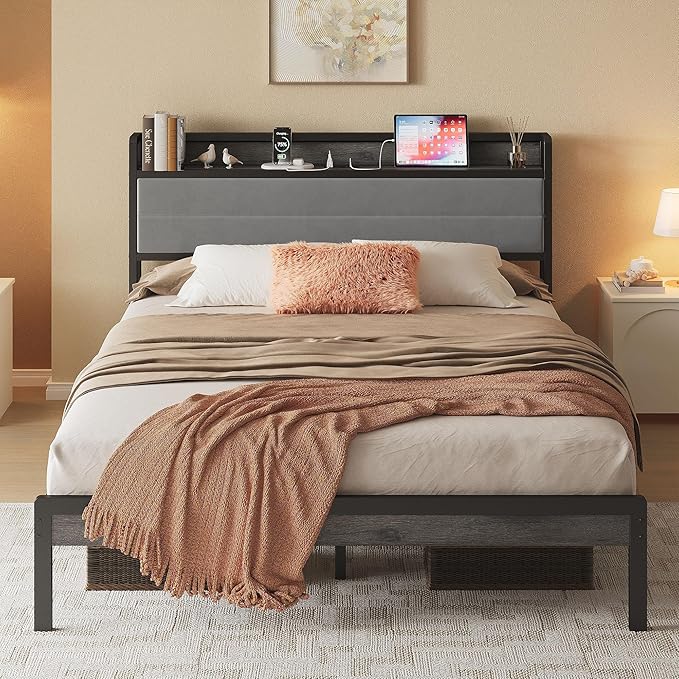 LIKIMIO Queen Bed Frame with Storage Headboard and LED Lights, Metal Platform Bed with Charging Station, Noise Free, No Box Spring Needed, Under Bed Storage, Charcoal Gray