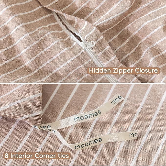 MooMee Striped Duvet Cover Set 100% Washed Cotton Linen Like Textured Breathable Durable Soft Comfy (Orange White Wide Stripes, King 104"x90")