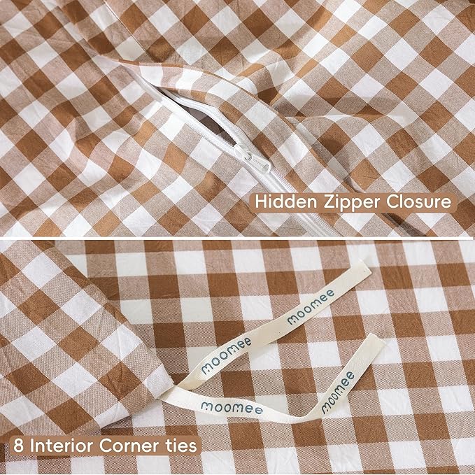 MooMee Gingham Duvet Cover Set 100% Washed Cotton Linen Like Textured Breathable Durable Soft Comfy Modern Checkered Design (Dark Orange Gingham, Palatial King/Oversized King 120"x98")